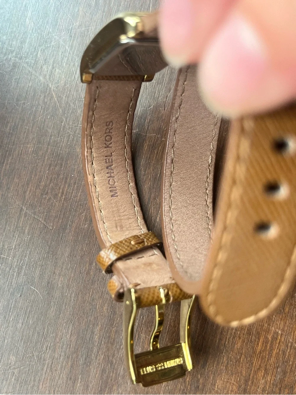 Michael Kors Gold-Tone Rectangle Watch with Brown Leather Strap